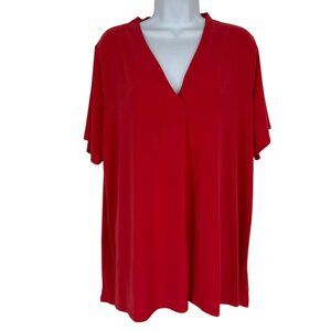 Dennis By Dennis Basso Red Short Sleeve V-Neck Top Women's Plus Size 1X